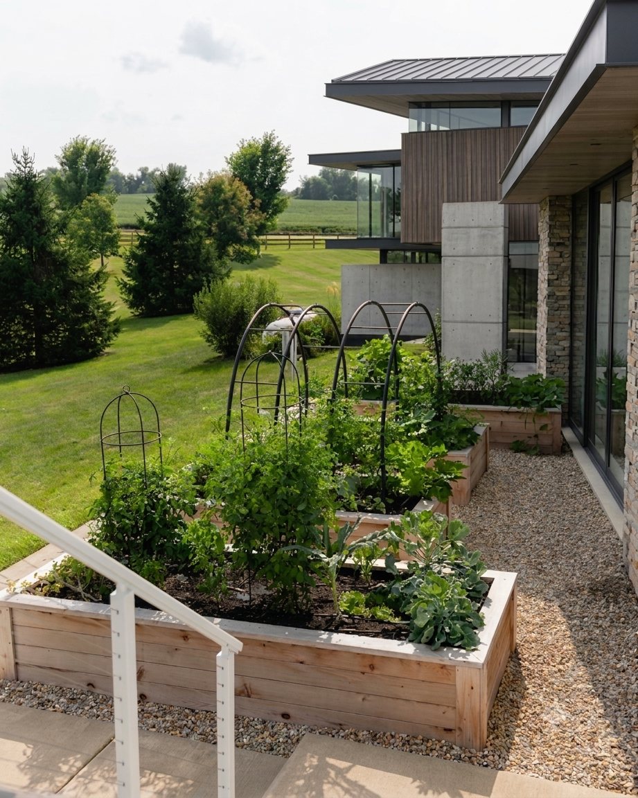 Modern edible garden with raised cedar beds beside a home